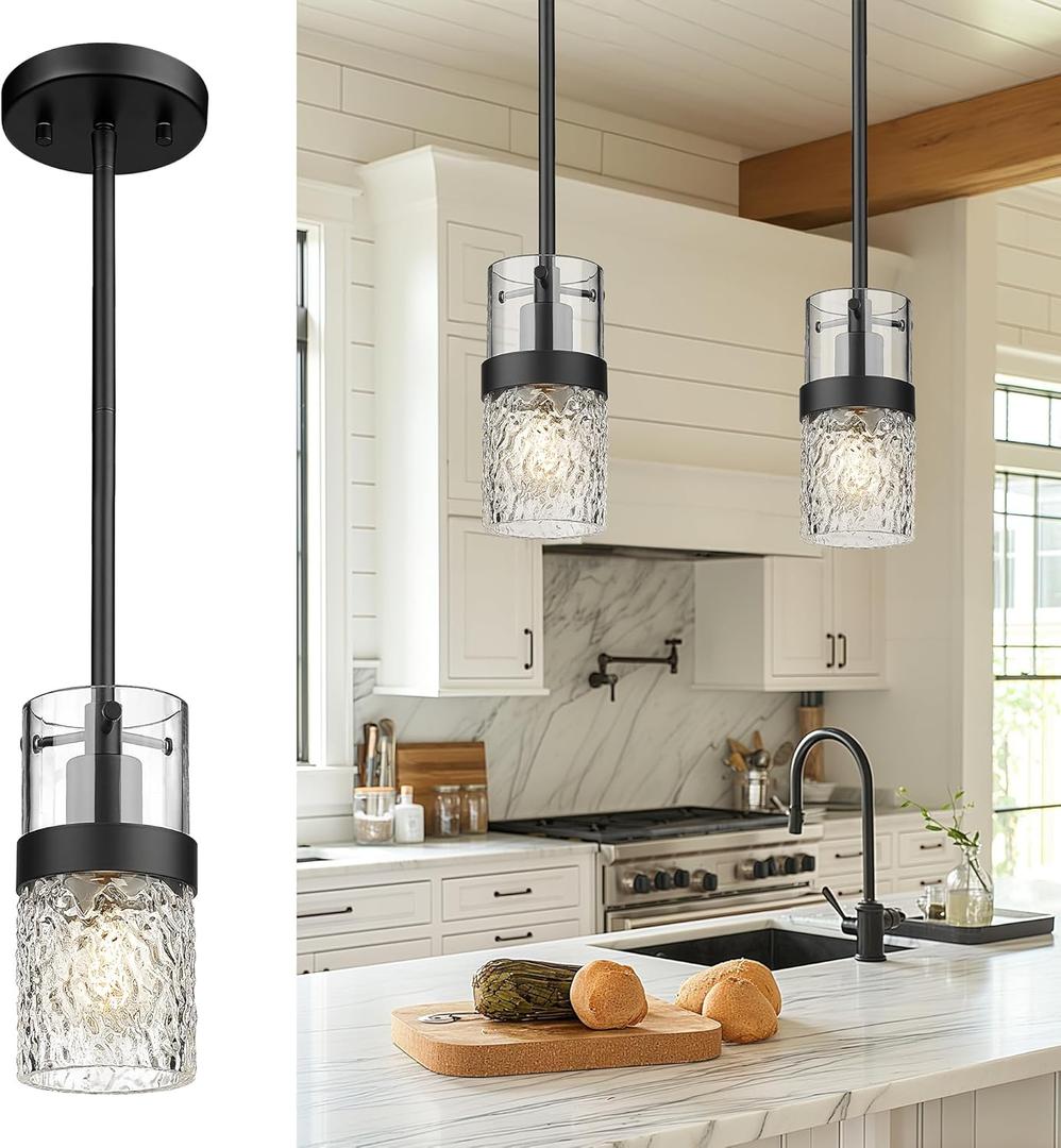 LMS Glass Pendant Lights Kitchen Island, 1-Light Modern Black Pendant Light with Hammered Glass and Rods, Mini Hanging Lighting for Kitchen Island Sink Bathroom Bedroom, LMS-172