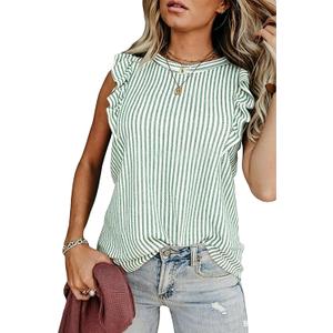 Melliflo Womens Ruffle Short Sleeve Crewneck Striped Shirt Casual Blouses Business Work Tops Summer Outfits Tank Tops (Green, XL)