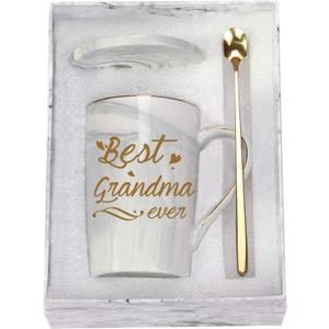 Best Grandma Ever Mug Coffee Gifts Birthday Mothers Day for from Granddaughter Grandson Grandchildren Grandkids 14 Ounce Gift Box with Spoon and Mat, Gray