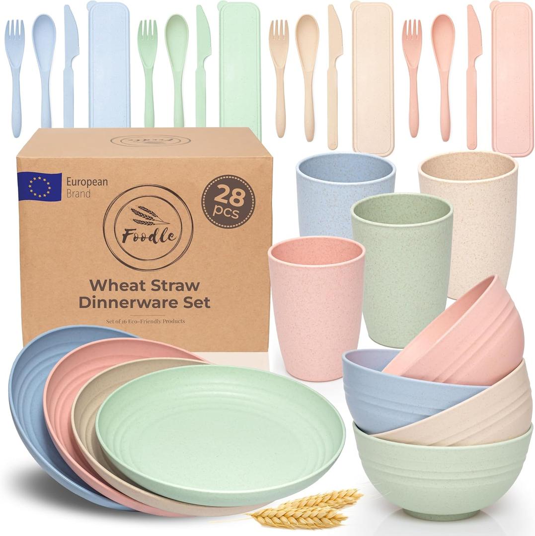 FOODLE Wheat Straw Dinnerware Set - BPA Free & Safety Tested - Dishwasher & Microwave Safe - Toddler & Kids Plates and Bowls Sets - Plastic Plates Reusable - Perfect for RV, Camping Dishes - For 4 (Beige, Green, Blue & Pink)
