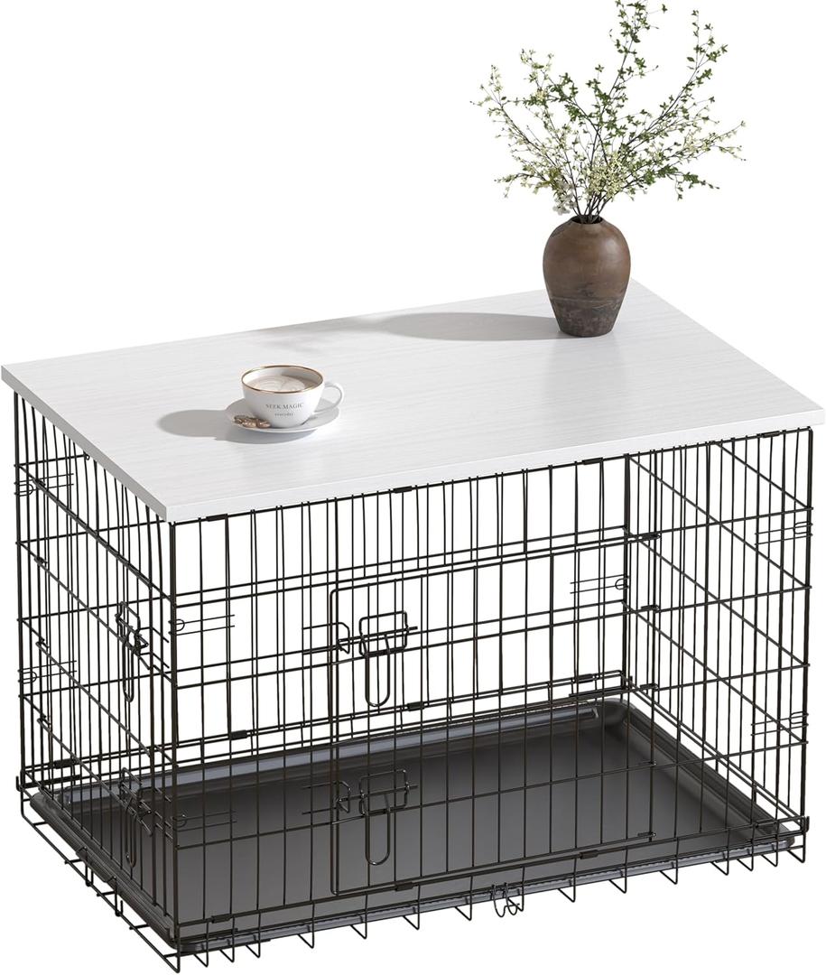 Piskyet Dog Crate Topper Wood Countertop for 48 42 36 30 24 inch Dog Cage, Dog Crate Cover,Dog Kennel Topper (Crate Not Include) (White, for 30 Inch Crate)