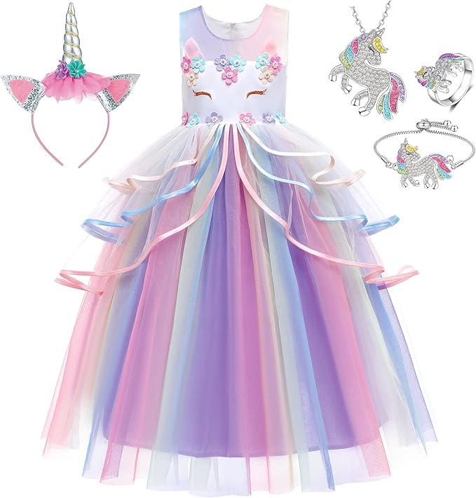 Unicorn Princess Dress Up Clothes for Little Girls – Costume, Jewelry and Headband
140