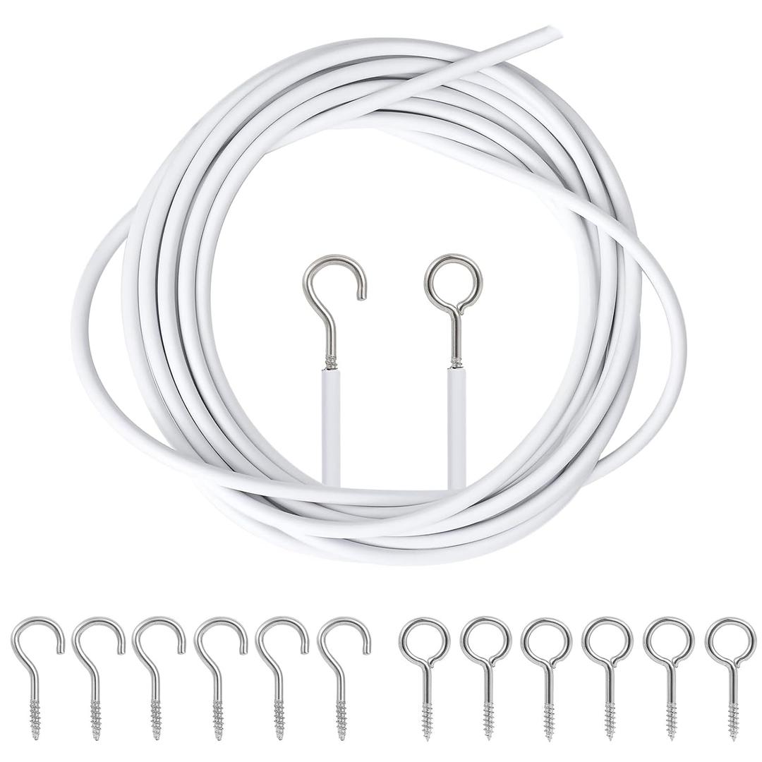 White Curtain Wire Plastic Coated Window Picture Hanging Wire with 8 Pairs of Screw Eyes and Hook 4 Meters