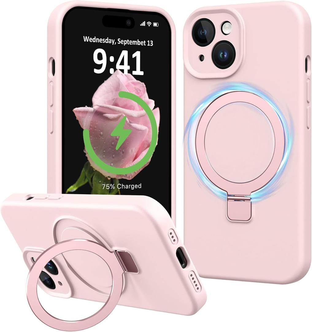 Compatible with iPhone 15 Case with Stand, Premium Slim Soft Liquid Silicone Phone Cases for iPhone 15 6.1" Compatible with MagSafe Magnetic Ring Kickstand Case Full Camera Protection, Pink