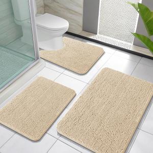 OLANLY Bathroom Rugs Sets 3 Piece, Soft Absorbent Chenille Bath Mats and U-Shaped Contour Toilet Rug, Quick Dry, Home Decor Accessories, Bath Mat Set for Bathroom (30"x20"+24"x16"+24"x20", Beige)