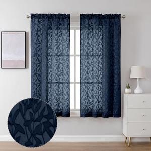 Lecloud Leia Living Room Navy Blue Sheer Curtains 63 Inch Length 2 Panels, Balance Light & Privacy Jacquard Textured Voile Curtain with Dual Rod Pockets, Leaf Farmhouse Bedroom Drapes, 38W x 63L