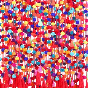 VitalCozy 24 Pcs 118 ft Cinco De Mayo Garland Yarn Mexican Pom Pom Garland Decorations Colorful Mexican Tassel Party Decoration Fiesta Rainbow Hanging Strand Fiesta Party Decor Wool Ball Decor