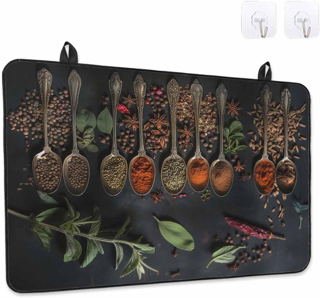 Stove Top Covers for Electric Stove 36x21 Inches, Kitchen HeatResistant Glass Cooktop Protector, Condiment Leaves Pepper Beans Cooking Utensil Ceramic Stovetop Countertop Covers Mat, Oven Cover (Black)