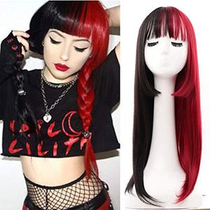 Kaneles Half Red Half Black Wig with Bangs Long Straight Synthetic Heat Resistant Wig for Women Hair Natural Halloween Cosplay Wigs (Half Black Half Red) : Clothing, Shoes & Jewelry