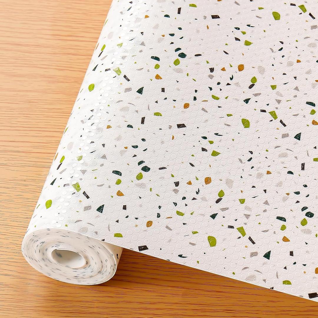 Cooyes Shelf Liner  Premium Non-Adhesive Cabinet and Drawer Liner for Kitchens  Waterproof Shelf Paper with Modern Pattern  Durable EVA Cabinet Mat  Easy to Cut (17.7"W x 197"L, Green Gray Brown)
