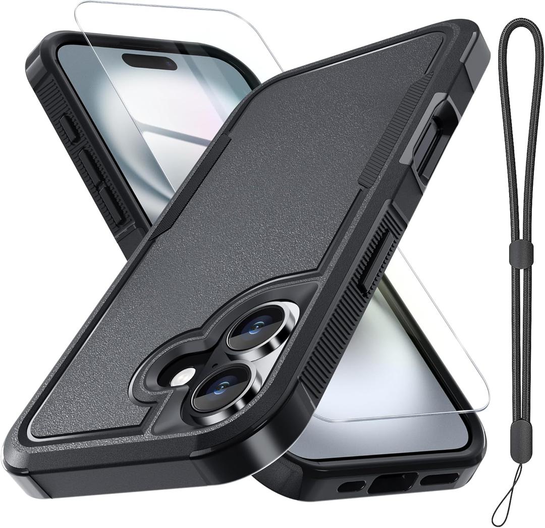 RMOCR Case for iPhone 17 Phone Cover with Screen Protector,Military Grade Heavy Duty Shockproof PhoneCase with Wrist Lanyard Strap,2025 Black Matte