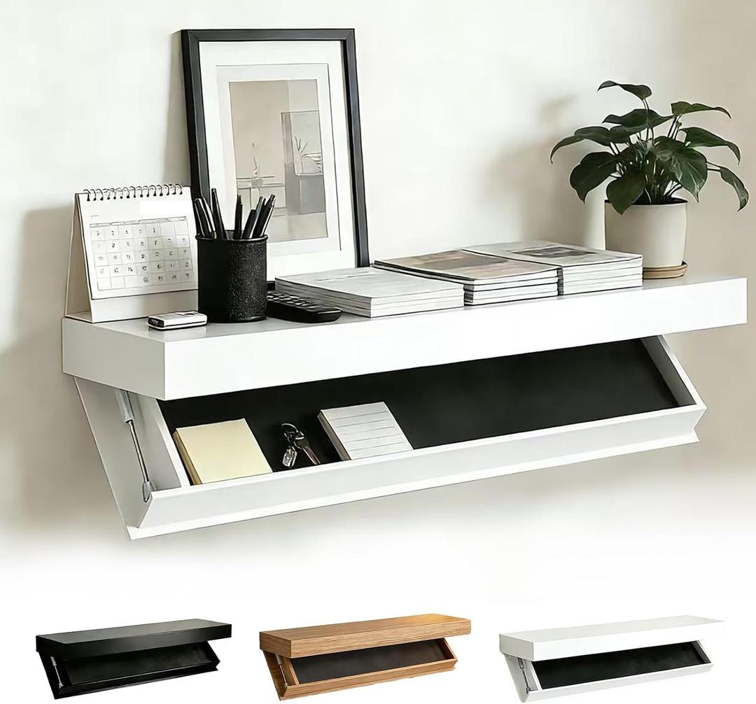 Floating Hidden Shelves for Wall with Concealed Storage Drawer, Hidden Shelf Night Stand with Secret Compartment, for Home Office Living Room, White, 20.87 x 6.89 x 2.17 inches