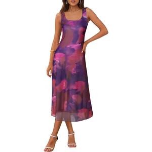 MEROKEETY Women's 2025 Summer Tie Dye Midi Dress Sleeveless Casual Stretchy Mesh Boho Beach Sundress, Plum, Small