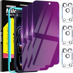 2 x Milomdoi 3 Pack Gradient Colorful Privacy Screen Protector for iPhone 17 Pro [Anti-Blue Light Private Film], 3 Pacs Camera Lens Protector Accessories, Case Friendly, Anti-Spy Tempered Glass,Purple