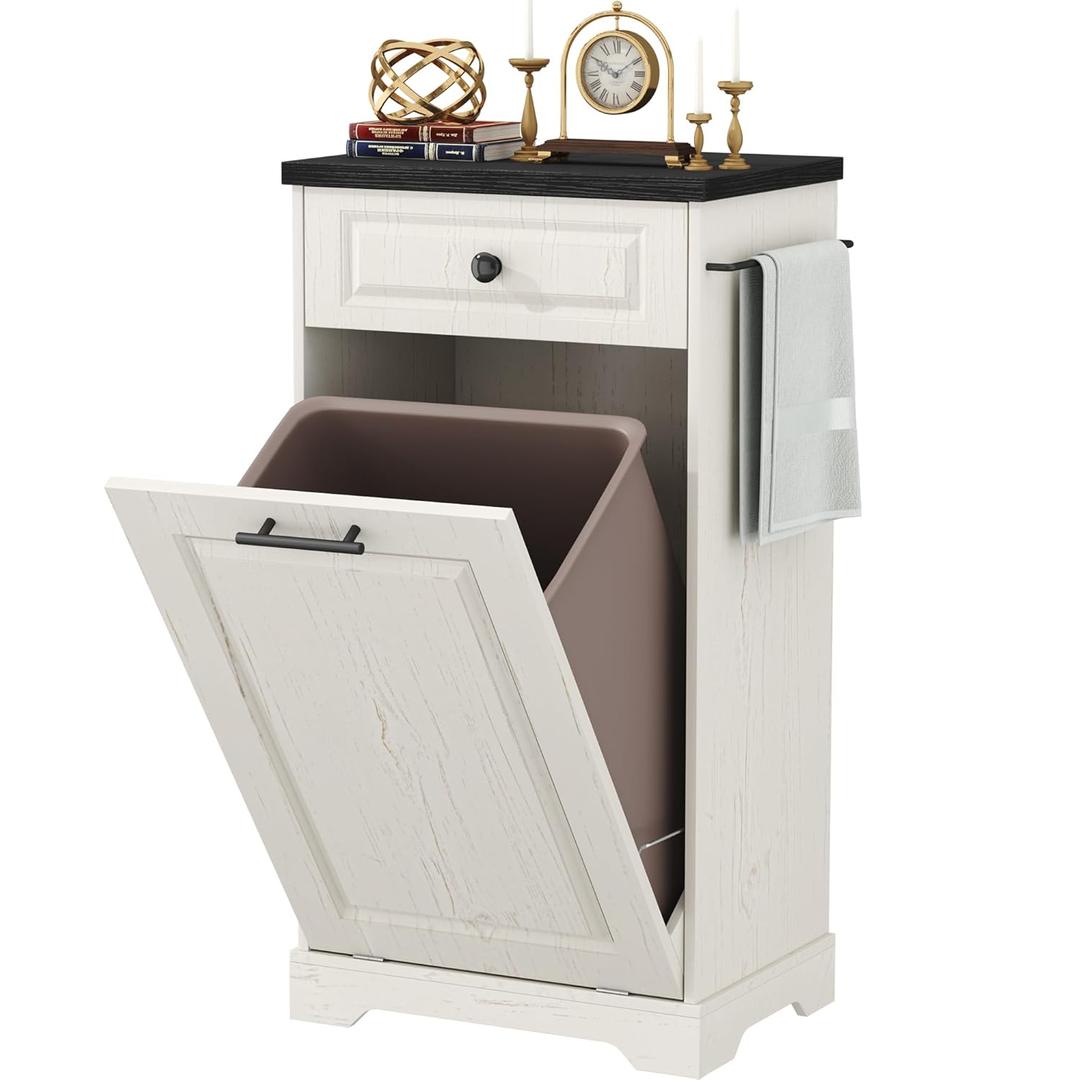 Function Home Trash Can Cabinet, Tilt Out Trash Cabinet, Wooden Kitchen Garbage Can with Hideaway Drawer, Pet Proof Trash Can Holder for Kitchen Living Room, Antique White with Black Top