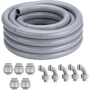1/2 Inch 150 FT Liquid-Tight Conduit and Connector Kit Non Metallic Flexible Conduit Electrical Kit - 5 Straight and 5 Angle Fittings Included for Electrical Wiring