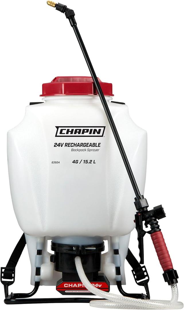 Chapin International 63924 4-gallon 24V Extended Spray Battery Backpack Sprayer, With Adjustable Brass Nozzle, 1-pack, Translucent White