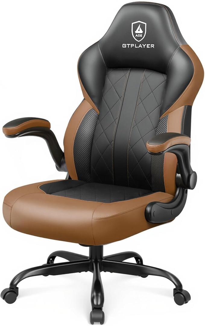 GTPLAYER Video Gaming Chair, Ergonomic Gaming Chair with Flip-Up Armrests, Comfortable Desk Chair with Adjustable Height, Computer Chair with Built-in Lumbar Support, Recliner with 360 Swivel (Brown)