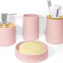 Bathroom Accessories Set 4 PCS, Bamboo Bathroom Accessory Set Includes Soap Dish, Soap Dispenser, Toothbrush Holder, Toothbrush Cup, Bathroom Sets Accessories, Boho Bathroom Decor(Light Pink)