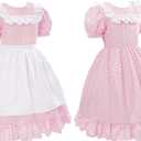 CR ROLECOS Kids Prairie Pioneer Dresses for Girls Ruffles Colonial Pilgrim Costumes Dress 3 Pieces Pink Polka Dots XL
