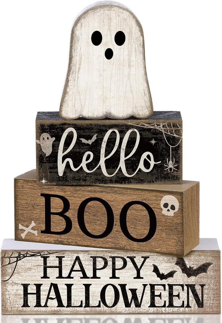 4 Pcs Halloween Table Decoration Wooden Ghost Tiered Tray Decor Rustic Wood Surprised Ghost Block Signs Halloween Centerpiece Farmhouse for Home Tabletop Kitchen Shelf and Party Gift