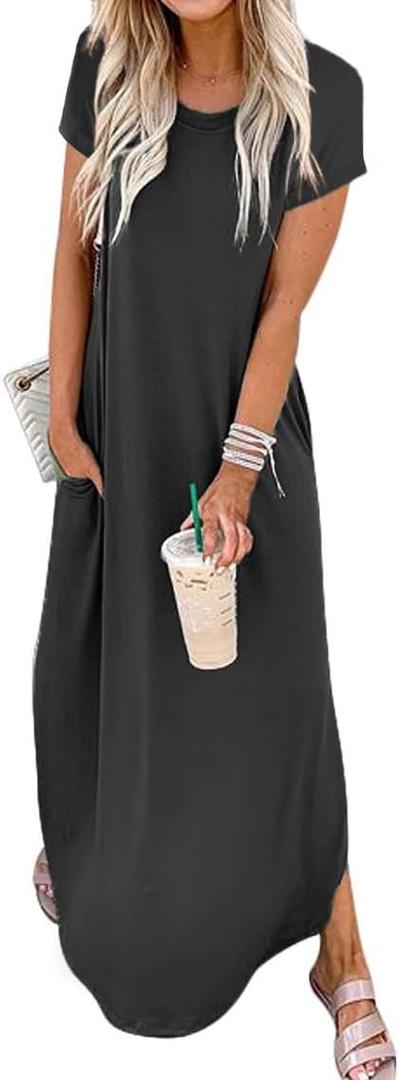 Women Summer Long Sundress Crewneck Short Sleeve Maxi Dress 2026 Casual Loose Beach Dress with Pockets (Large)