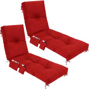Kigley 2 Pcs Outdoor Chaise Lounge Cushions with 3 Side Pocket 76x22x6 Inch Waterproof Long Deck Reclining Chair Cushions Fade Resistant Replacement Cushion for Furniture Lawn Pool (Red,Solid Color)