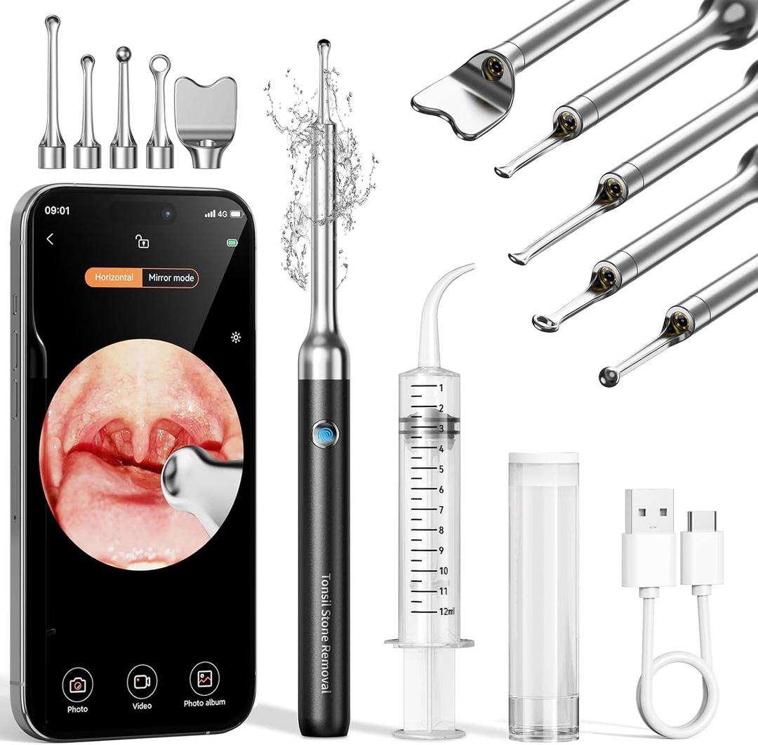 Upgraded Tonsil Stone Remover with Camera, Visual Tonsil Stone Removal Kit with 6 LED Light, Tonsil Stone Removal Tool Camera with 1080P, 5 Head Attachments, for iOS & Android (Black)