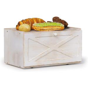 Bamboo Bread Box for Kitchen Counter Farmhouse Bread Storage Container Large Capacity Bread Storage Bin Bread Holder (Antique White)