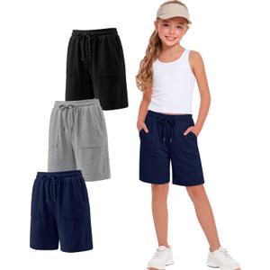Xaatren 3 Pack Girls Bermuda Shorts | Knee Length Shorts, Long Shorts, Sweatshorts, for Kids 5-14 Years, Summer, Loose, Athletic, School, 2 Pockets, Drawstring