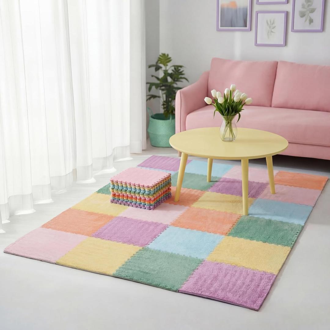 Tinideya 12 Pcs Plush Interlocking Carpet Tiles, 12 x 12 x 0.4 Inch EVA Foam Puzzle Mat Squares, Soft Washable Anti Slip Floor Mat for Bedroom, Nursery, Playroom, Living Room, Morandi Colors
