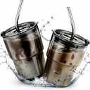 2 Packs Glass Tumbler with Lid and Straw 13 oz Cute Ice Coffee Cup Set Bulk Vasos de Vidrio Con Tazas Para Cafe Cocina Accesorios Home Bar Accessories New House Warming Gift Kitchen Stuff