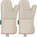 Beneno Kitchen Oven Mitts 2-Pack Heat Resistant to 500°F with Non-Slip Silicone Grip, Extra Long 14.3" Forearm Protection, Soft Quilted Cotton Terry Lining, Ideal for Cooking, Baking, Grilling, Beige