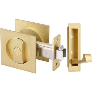 1 Pack Gold Pocket Door Hardware with Pull, Keyless Privacy Pocket Door Handles, Square Sliding Door Lock for Bedroom Bathroom, Reversible for Left/Right Doors, Modern Recessed Design