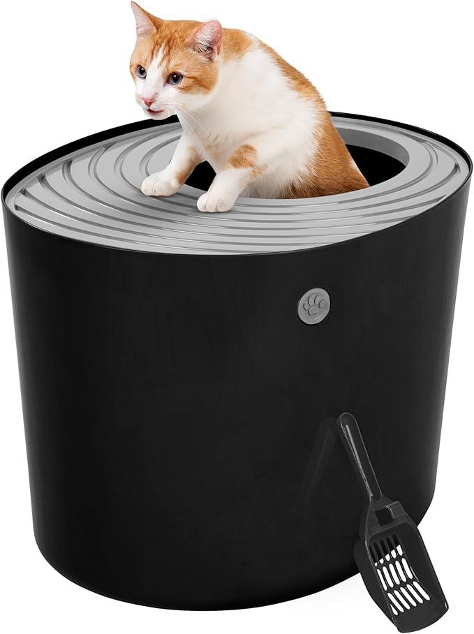 IRIS USA Cat Litter Box, Large Top Entry with Litter Catching Lid and Scoop, Dog Proof, Cat Box Enclosure, Dark Gray/White