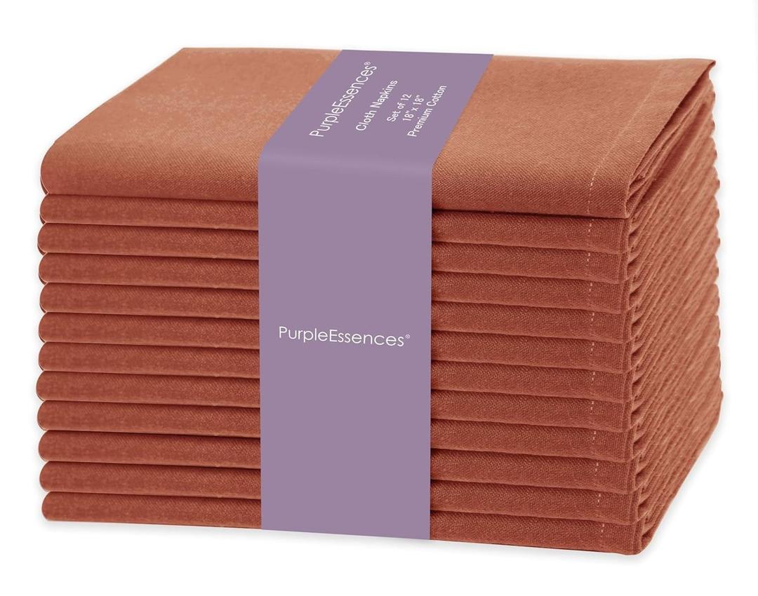 PurpleEssences Rust Set of 12 Cloth Dinner Napkins 100% Cotton 18x18 Inch - Soft Durable Washable - Ideal for Farmhouse Party Spring Easter Summer - Perfect Everyday Use Table Linen - Rust