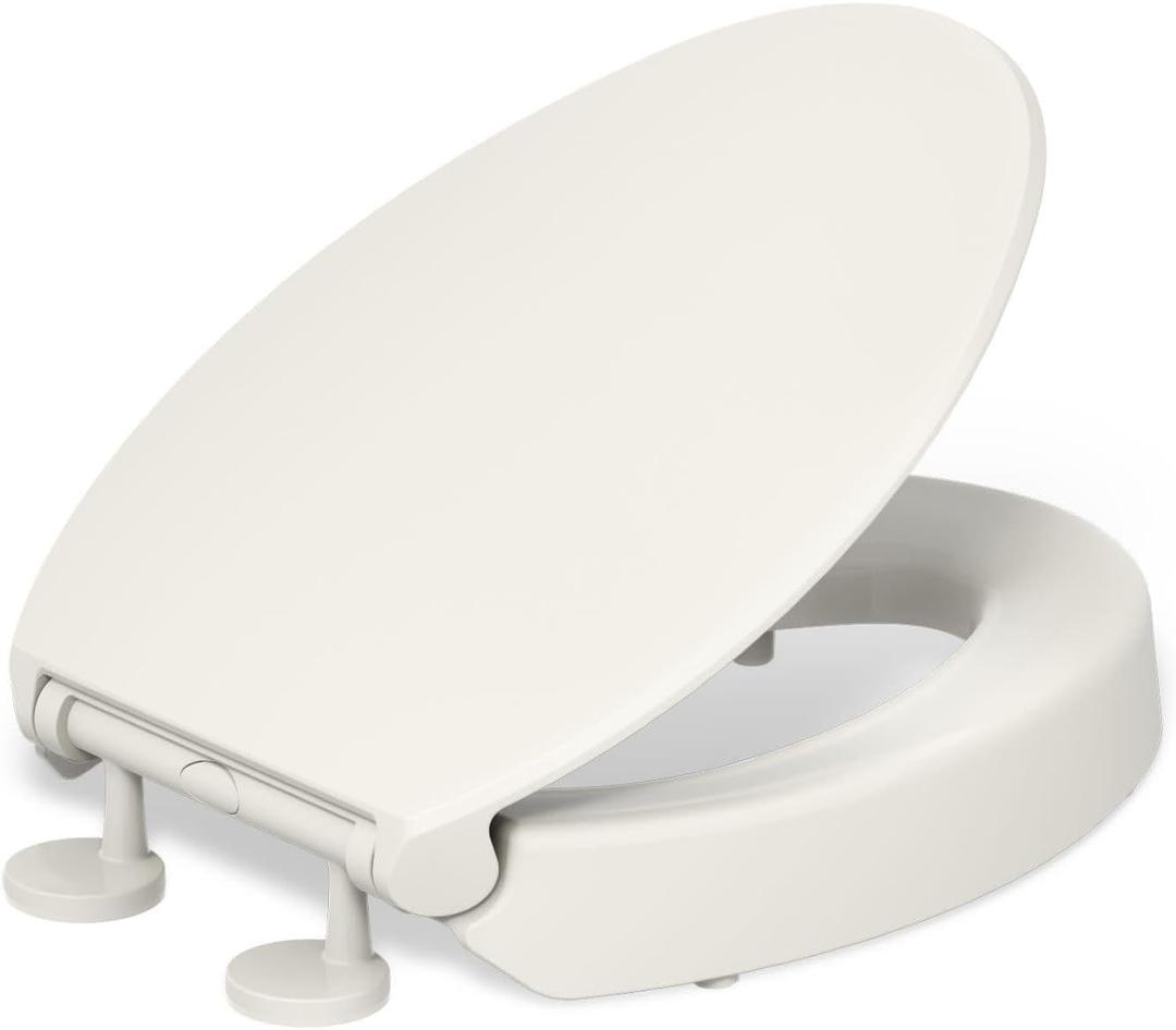 KOHLER 25875-96 Hyten 3" Height, Elevated Soft Close Elongated Toilet Seat, Contoured Seat with Grip-Tight Bumpers, Quick-Attach Hardware, No Slam Toilet Seat, Biscuit