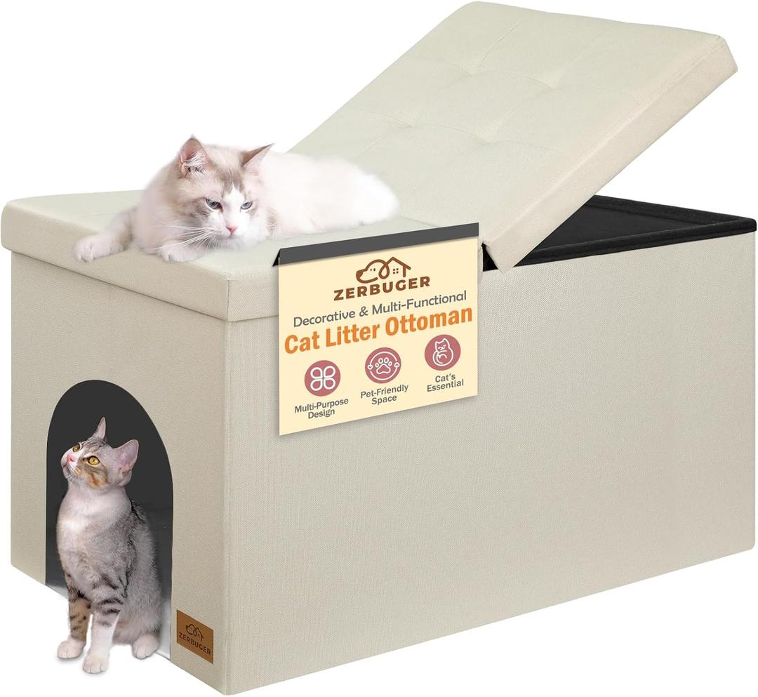 Cat Litter Box Enclosure Furniture for Odor Control, Hidden Cabinet Cats Litter Ottoman with Flip-Up Lid,Cat Litter Box Bench with Storage Space, Dog Proof (Cream, Large)