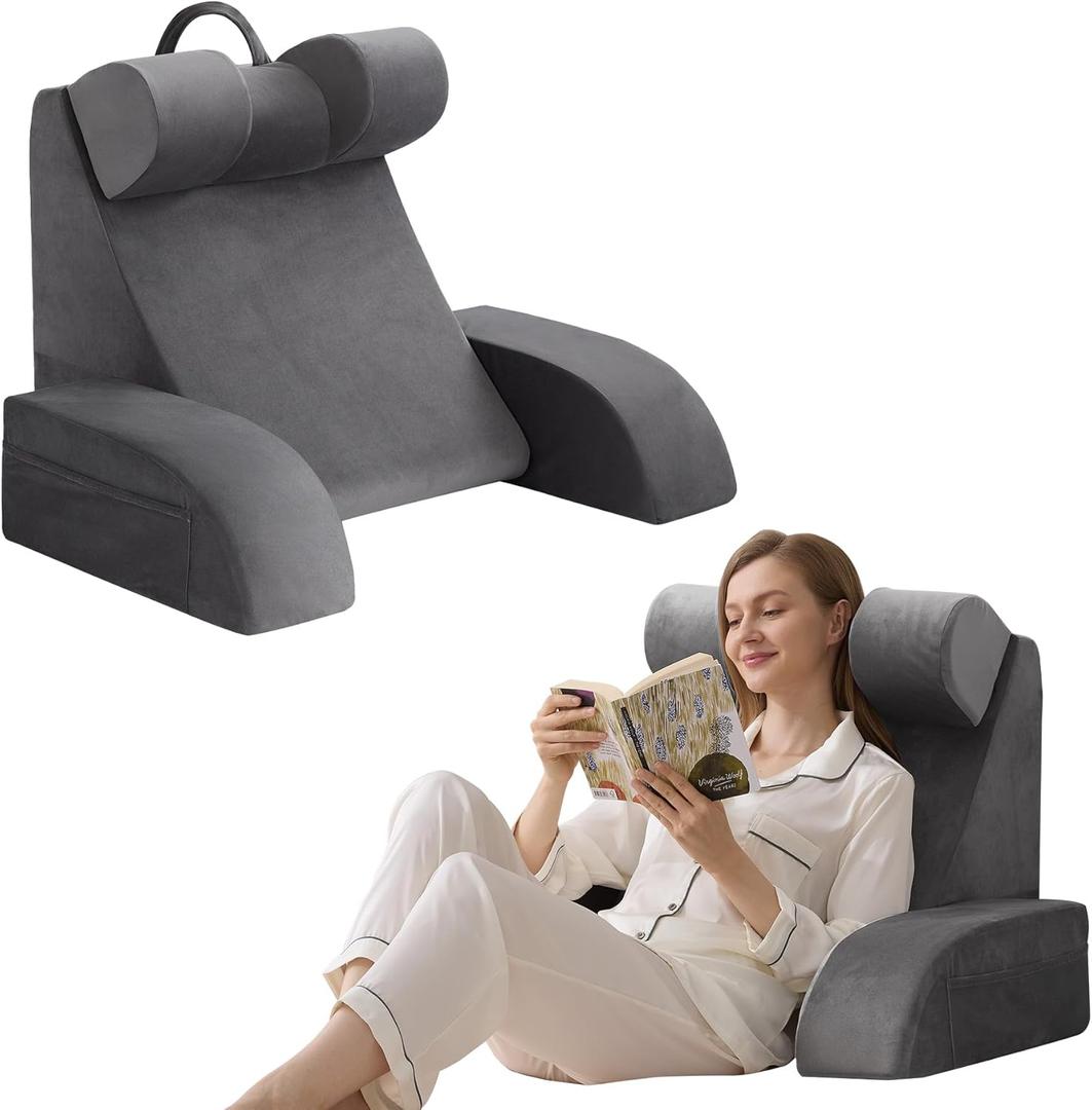 Velorose Reading Pillow for Sitting in Bed Adult, Back Pillow for Bed Sitting up, Backrest Pillow with Arms, Back Support Pillows for Gaming Lounging Watching TV, Medium 19" Grey 