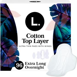 L. Ultra Thin Pads for Women, Overnight Absorbency, Organic Cotton Top Layer, Unscented Pads with Wings, 96 Count (4 Packs of 24)