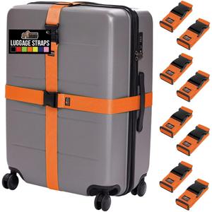 GORILLA GRIP Heavy Duty 8 Pack Adjustable Luggage Straps for Suitcases, Easy to Identify Travel Belt Connector Holds Suitcase Together, Extends Life of Bag, Strap Connects Two Bags, Accessories Orange