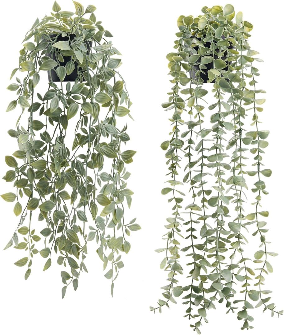 Der Rose 2Pcs Fake Plants Hanging Artificial Decor Faux Potted Eucalyptus and Pea Pod Plants for Boho Bathroom Home Office Desk Wall Shelf Bookcase Accessories Decor Indoor (Gray Green)