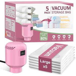 Vacuum Seal Bags for Clothing Travel, 5 Pack Space Saver Vacuum Storage Bags with Electric Pump, Portable Compression Sealer for Clothes, Blankets, Bedding & Travel Essentials, Good for Luggage Packing (Pink Large x5)
