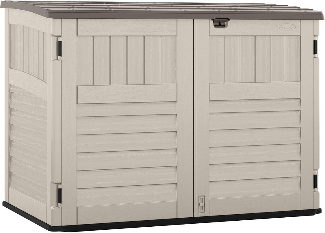Suncast 5.9 ft. x 3.7 ft Horizontal Stow-Away Storage Shed - Natural Wood-Like Outdoor Storage for Trash Cans and Yard Tools - All-Weather Resin, Hinged Lid, Reinforced Floor - Made in The USA