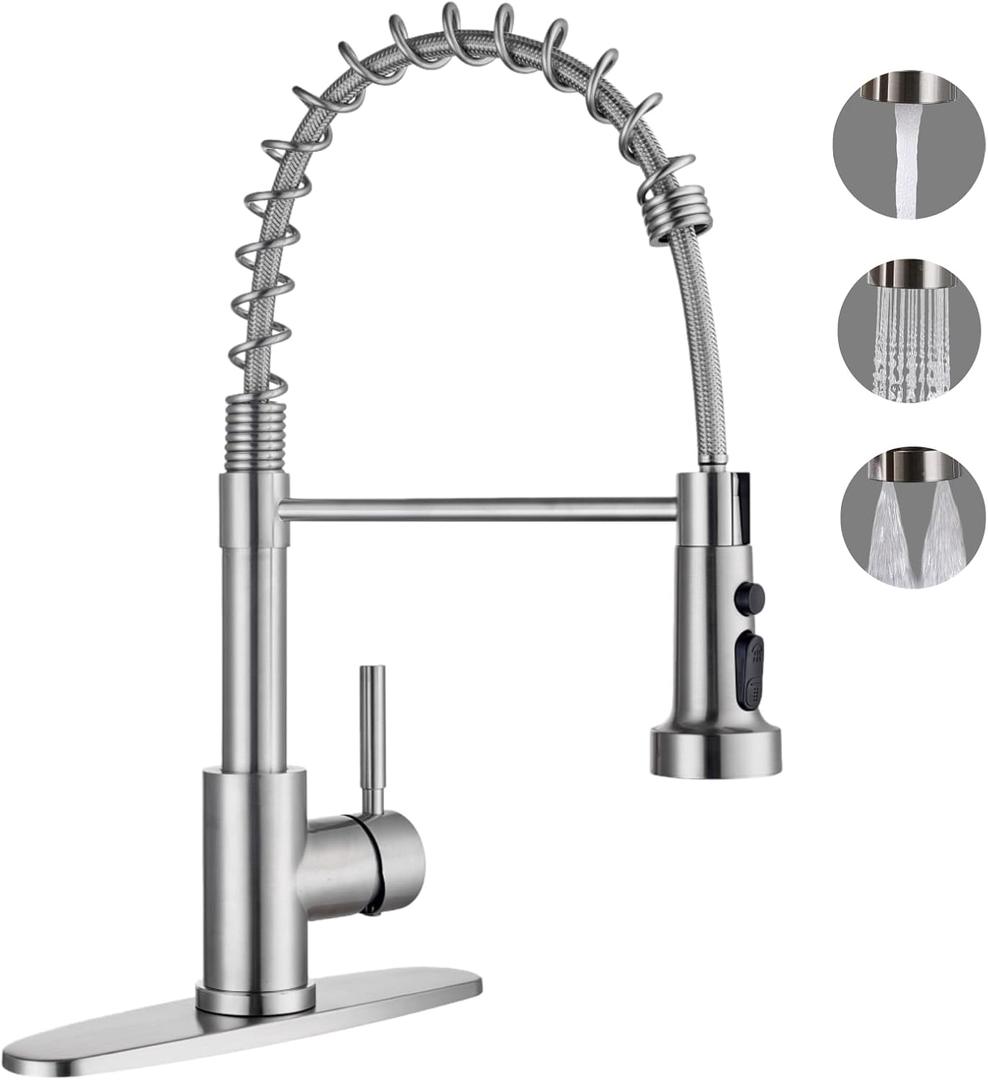 Kitchen Faucets with Pull Down Sprayer, Brushed Nickel Stainless Steel Single Handle Pull Out Spring Sink Faucet, 3 Function Sprayer 1 or 3 Hole Deck Plate for Farmhouse Laundry Rv Bar