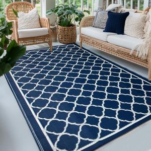 Waterproof Outdoor Rug 8x10 ft, Reversible Plastic Straw Rug, Easy to Clean Patio Rug, Portable Carpet for Patio, RV, Deck, Balcony, Backyard, Picnic, Beach, Clover, Navy Blue
