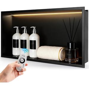 24" X 12" Stainless Steel Shower Niche, LED Shower Niche No Tile Needed with 3000K LED Warm Light Recessed Shower Wall Shelf for Bathroom Storage, with Remote Control, Matte Black