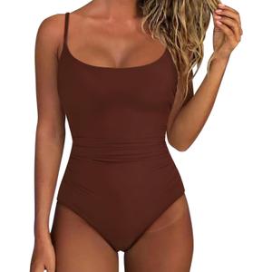 SUUKSESS Women One Piece Tummy Control Swimsuit Crisscross Backless Bathing Suit (Large, Reddish Brown)