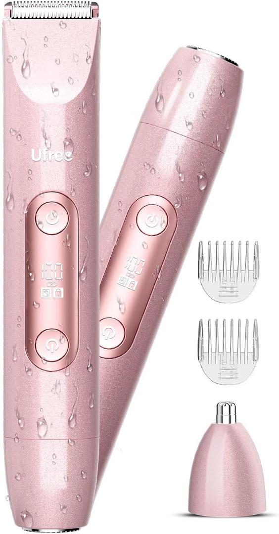 Ufree Bikini Trimmer Women Electric Razors Dual Head, Pubic Body Hair Trimmer Electric Shaver for Face, Legs, Arm, Rechargeable Lady Shaver Waterproof, Summer Grooming Kit (Pink)