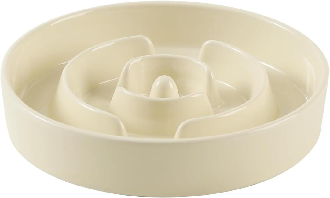 Ceramic 1.2 Cup Slow Feeder Dog Bowl for Medium and Small Breed, 7.3inch Puzzle Dog Food Dish, Anti-Gulping, Stop Bloat, Preventing Choking (Single Bowl-Beige)